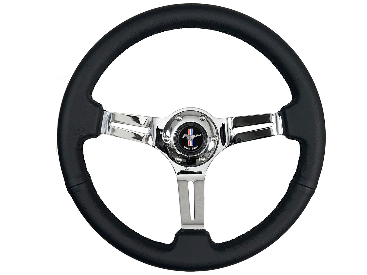 1965-1967 Ford Mustang Steering Wheel Kit Black Leather Chrome Spoke Running Pony