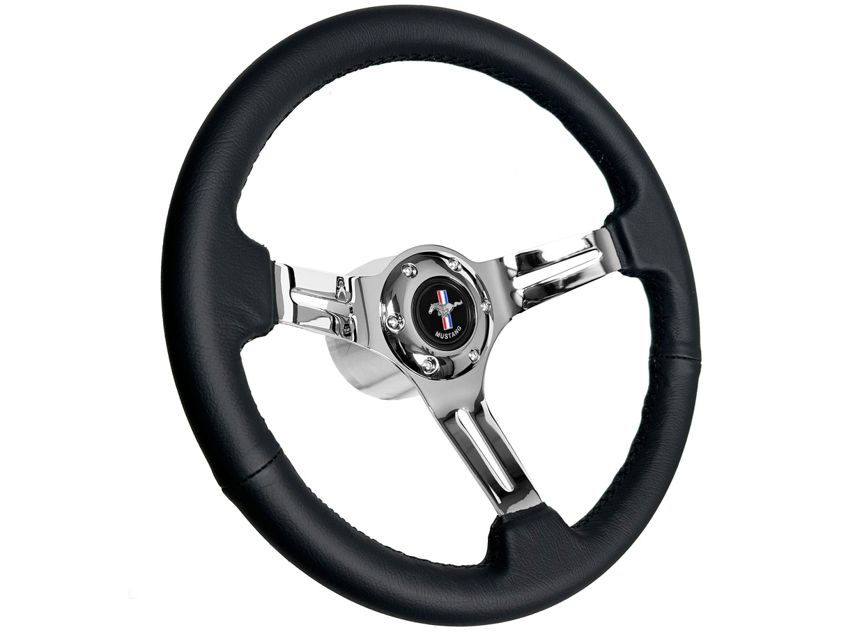 1965-1967 Ford Mustang Steering Wheel Kit Black Leather Chrome Spoke Running Pony